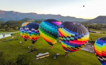 ANAC inicia regulamentação de voos de balão no Brasil Balões de ar quente, grandes e coloridos, sendo inflados em um campo gramado em Praia Grande, em contexto da regulamentação de voos pela ANAC.