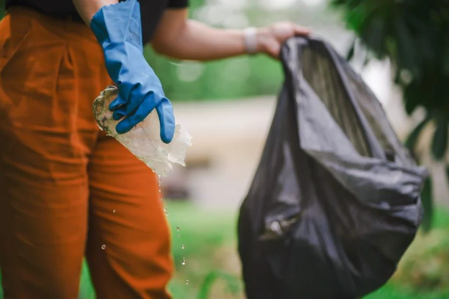 Ações de combate à dengue em 4 milhões de escolas em SC Pessoa usando luvas azuis, removendo água parada de um recipiente para descarte em saco de lixo, em ação de combate à dengue nas escolas de Santa Catarina.