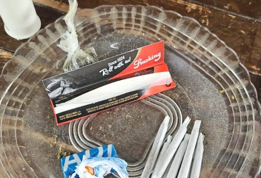 Porções de maconha prontas para venda e embalagem de papel de seda sobre um prato, material apreendido pela Polícia Civil por tráfico na zona rural de Araranguá.