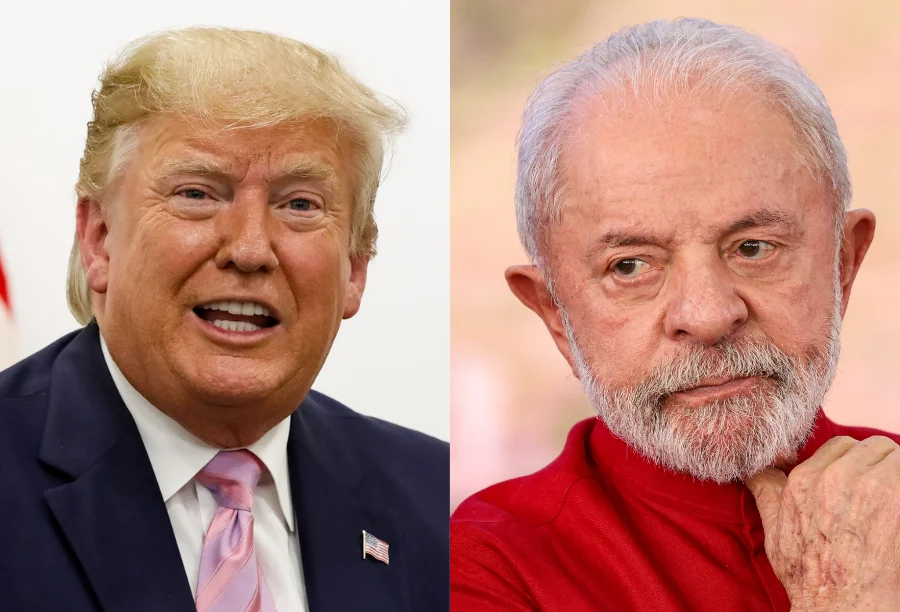 Uma montagem fotográfica que mostra o presidente Luiz Inácio Lula da Silva e o presidente dos Estados Unidos, Donald Trump, cada um em sua respectiva foto, simbolizando a videoconferência e o diálogo bilateral.