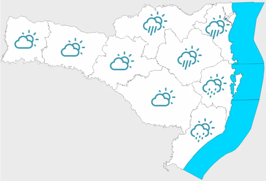 Tempo instável e frio dominam SC nesta quinta-feira Mapa de Santa Catarina com ícones de previsão do tempo mostrando tempo instável com sol entre nuvens e chuva isolada em diversas regiões do estado.