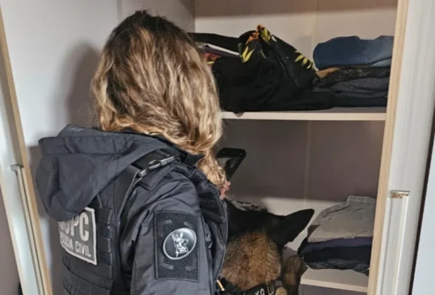 Agentes da Polícia Civil apreendendo maconha, cocaína e skank após operação de combate ao tráfico em Criciúma.