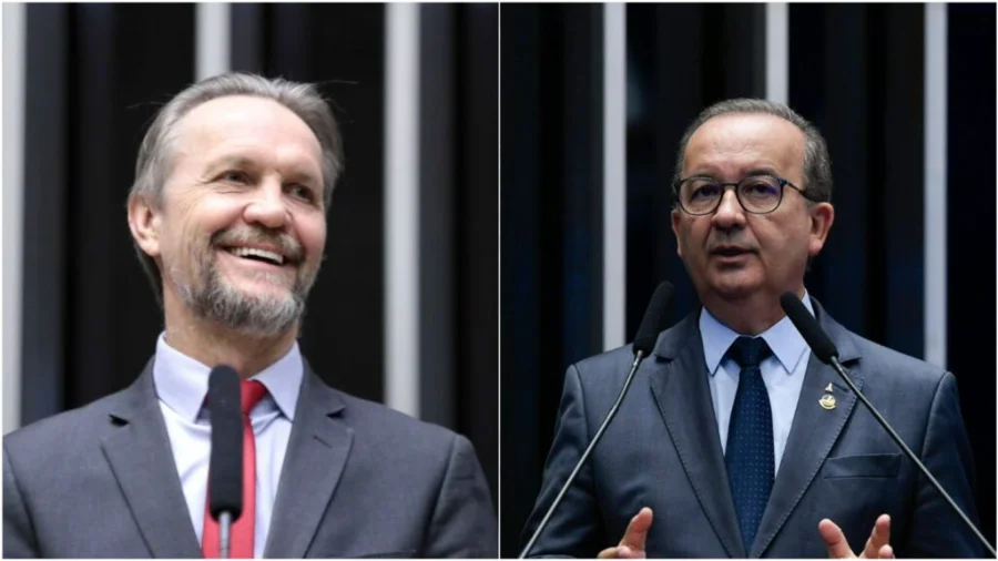 Montagem com os políticos Jorginho Mello (Governador) e Pedro Uczai (Deputado Federal), que receberam o título de Doutor Honoris Causa da UNESC por suas contribuições à educação.