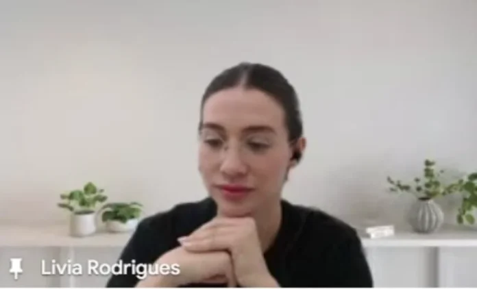 Unesc debate Economia Solidária e o impacto na Saúde Mental Livia Rodrigues, palestrante, em videochamada durante o debate da UNESC sobre Economia Solidária e seu impacto na Saúde Mental.