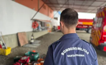 Bombeiros de SC entram em prontidão por alerta de ciclone Bombeiro Militar de Santa Catarina (CBMSC) de costas, em quartel, inspecionando equipamentos de resgate (motosserras e malas de primeiros socorros), enquanto o 4º BBM entra em prontidão por alerta de ciclone.