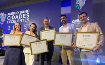 Criciúma vence prêmio estadual de Sustentabilidade Prefeito Vagner Espindola e secretários de Criciúma posando com os troféus do Prêmio Band Cidades Excelentes, após vencer a categoria Sustentabilidade e ser finalista em cinco outras categorias.