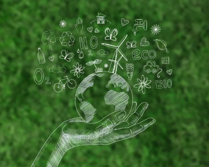 FIESC apresenta quatro projetos de SC na COP30 Ilustração de uma mão segurando o planeta Terra, cercado por ícones como turbina eólica, reciclagem e "O2", simbolizando a sustentabilidade e os quatro projetos de economia circular e energia limpa que a FIESC de Santa Catarina apresenta na COP30.