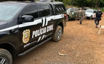 Jacinto Machado: Homem é preso em operação contra caça ilegal Viatura da Polícia Civil em área rural, com agentes e um cachorro farejador ao fundo, após a prisão de um homem em operação integrada contra a caça ilegal em Jacinto Machado.