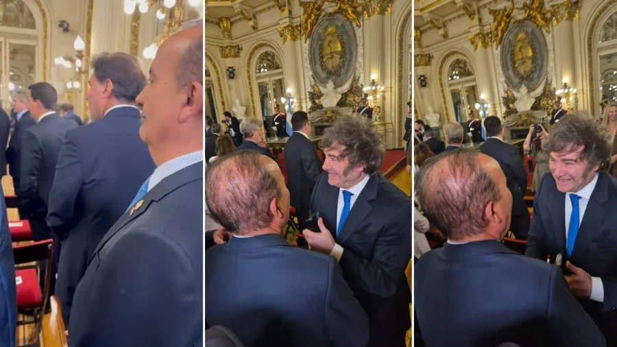 Governador de Santa Catarina, Jorginho Mello, encontrando-se com o Presidente da Argentina, Javier Milei, em um salão da Casa Rosada, reforçando a parceria política e comercial bilateral entre SC e Argentina.