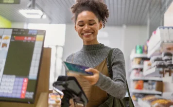 Mercado reduz IPCA para 4,55%, mas segue acima da meta Mulher sorrindo, pagando uma compra com o celular em um caixa (imagem ilustrativa), representando a confiança do consumidor em meio à redução da previsão da inflação (IPCA) para 4,55%.