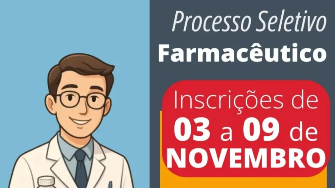 Prefeitura de Torres encerra dia 9 seletivo para Farmacêutico Arte digital com a imagem de um farmacêutico e o anúncio de Processo Seletivo Simplificado para contratação em Farmácia, com inscrições abertas de 03 a 09 de novembro de 2025 na Prefeitura de Torres (RS).