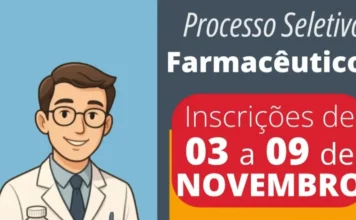 Prefeitura de Torres encerra dia 9 seletivo para Farmacêutico Arte digital com a imagem de um farmacêutico e o anúncio de Processo Seletivo Simplificado para contratação em Farmácia, com inscrições abertas de 03 a 09 de novembro de 2025 na Prefeitura de Torres (RS).