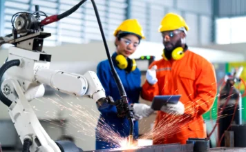 Produção industrial de SC cresce 3,1% no acumulado Trabalhadores com capacetes e abafadores (EPIs) supervisionando um braço robótico que realiza soldagem em uma fábrica, simbolizando o avanço de 3,1% na produção industrial de Santa Catarina e o foco em setores de alto valor agregado.