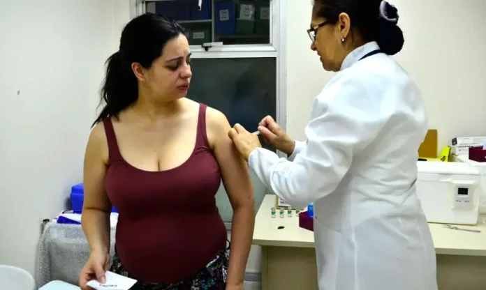 SUS oferecerá vacina contra VSR a gestantes em dezembro Profissional de saúde aplicando uma vacina no braço de uma mulher grávida, em uma Unidade Básica de Saúde.