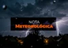 Imagem de fundo escuro com relâmpagos sobre casas, e um aviso em texto com a frase "NOTA METEOROLÓGICA".