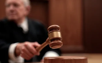 Criciúma: Homem é condenado a 41 anos por tirar a vida da ex Imagem de close-up, em foco raso, de uma mão segurando um martelo de juiz (malhete) de madeira com anéis de metal dourado, prestes a bater na base de madeira que o acompanha. No fundo desfocado, há um homem de terno preto e gola branca (possivelmente um juiz), sentado em uma sala de audiências ou tribunal com painéis de madeira. A foto ilustra a sentença de condenação do feminicida pelo Tribunal do Júri de Criciúma.