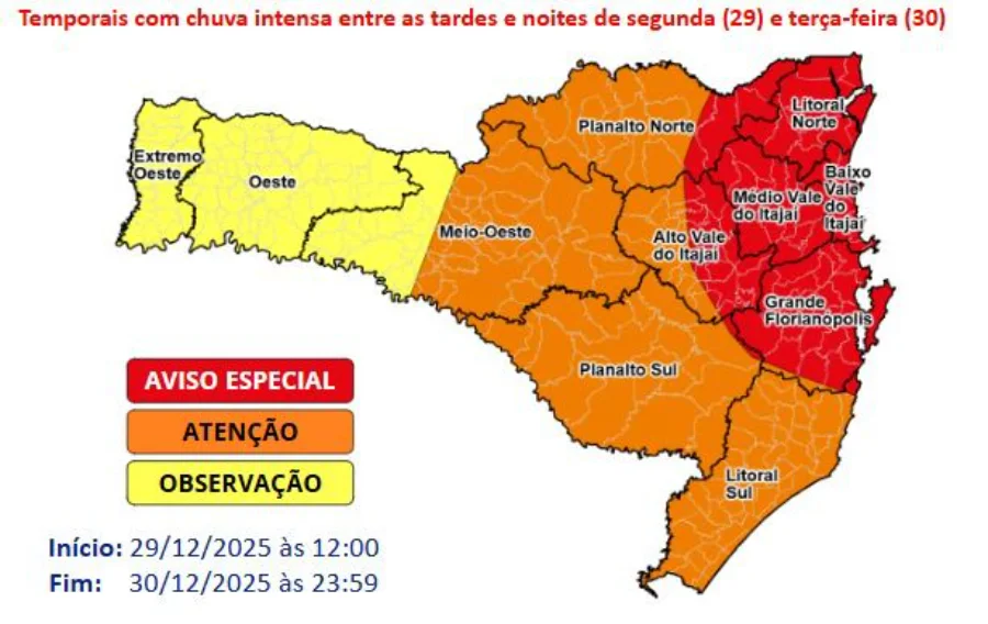 Mapa de alerta da Defesa Civil de SC. Risco muito alto de enxurradas e alagamentos no Litoral Norte, Vale do Itajaí e Grande Florianópolis com acumulados de até 200 mm.