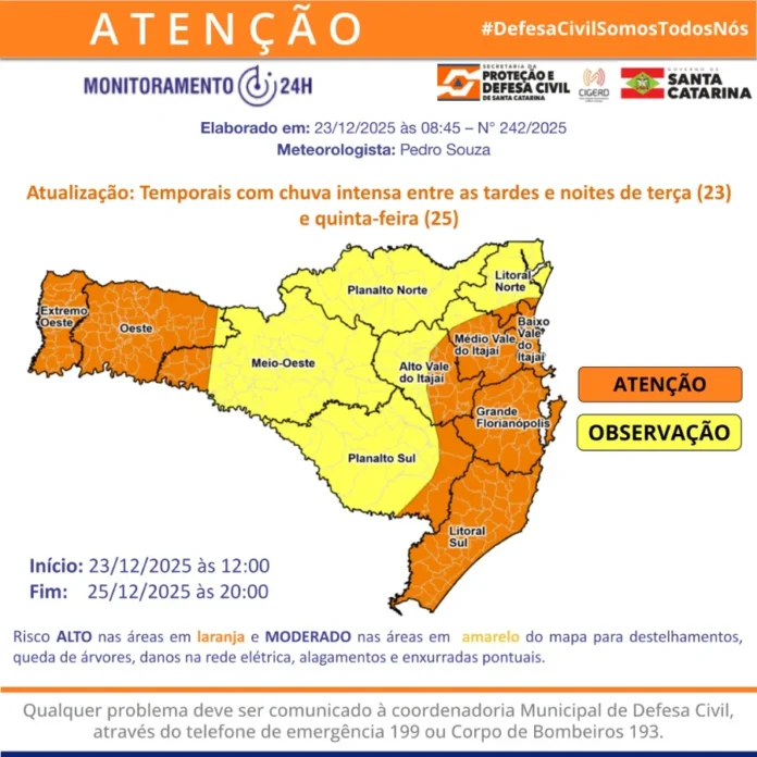 Defesa Civil alerta para temporais severos no Natal em SC Mapa de alerta da Defesa Civil de SC para temporais severos no Natal. Risco alto de alagamentos e enxurradas no Litoral e Grande Oeste de Santa Catarina entre terça (23) e quinta-feira (25) de dezembro de 2025.