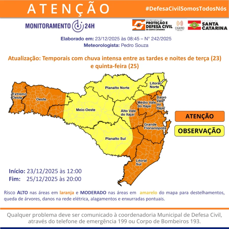 Mapa de alerta da Defesa Civil de SC para temporais severos no Natal. Risco alto de alagamentos e enxurradas no Litoral e Grande Oeste de Santa Catarina entre terça (23) e quinta-feira (25) de dezembro de 2025.