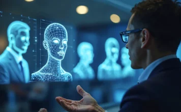 Entrevista de emprego com IA avalia voz e expressões faciais Homem de óculos, visto de perfil, gesticula em frente a uma tela escura que exibe a representação de uma cabeça feminina em wireframe (holograma) e avatares masculinos digitais.