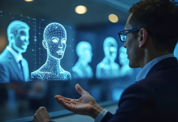 Entrevista de emprego com IA avalia voz e expressões faciais Homem de óculos, visto de perfil, gesticula em frente a uma tela escura que exibe a representação de uma cabeça feminina em wireframe (holograma) e avatares masculinos digitais.