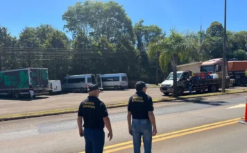 Fisco registra R$ 19 milhões em mercadorias irregulares em SC Dois auditores fiscais da Receita Estadual (SC), identificados com camisetas pretas, caminham em uma via, inspecionando caminhões e vans em segundo plano.