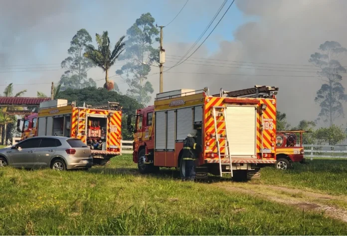 Fogo em Balneário Gaivota Fumaça é vista em Sombrio e região Duas viaturas de combate a incêndio do Corpo de Bombeiros (caminhões auto bomba tanque) estão estacionadas em um terreno gramado. No fundo, uma densa coluna de fumaça cinza sobe entre árvores de pinus e eucaliptos. Um bombeiro fardado opera os equipamentos na traseira de um dos veículos.