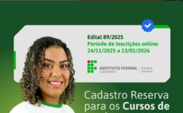 IFC Sombrio tem vagas para cursos superiores sem vestibular Card de divulgação do Instituto Federal Catarinense (IFC) Campus Sombrio para Cadastro de Reserva em Cursos de Graduação 2026, com inscrições abertas até 13 de janeiro.