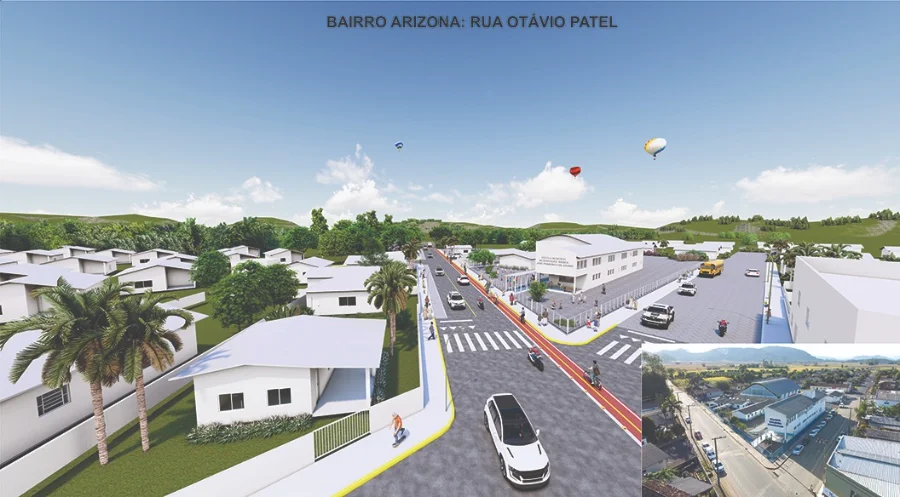 Projeto da ciclovia de Jacinto Machado ligando o bairro Arizona à Cooperja. Investimento de R$ 4,5 milhões em mobilidade urbana e segurança viária para ciclistas e pedestres.