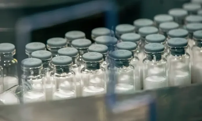 Nova vacina da dengue terá 1,3 milhão de doses até janeiro Fileiras de pequenos frascos de vidro, tampados com rolhas cinzas, sendo processados em uma linha de produção de vacinas.