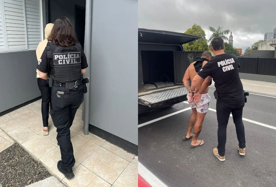 Polícia Civil de Morro da Fumaça prende dupla acusada de tráfico Montagem de duas fotos mostrando a prisão de suspeitos pela Polícia Civil. Na foto da esquerda, uma policial feminina, de costas, colete e uniforme preto, conduz uma mulher de blusa clara. Na foto da direita, um policial masculino, de uniforme preto, conduz um homem algemado, sem camisa, em direção a uma viatura da Polícia Civil com a porta traseira aberta.