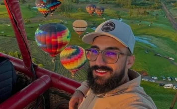 Praia Grande: Piloto de balão está desaparecido desde domingo "Cassiano Roldão da Rosa, piloto de balão de Praia Grande, desaparecido desde domingo. Ele usa barba, óculos e boné, e é visto em um balão de ar quente colorido."