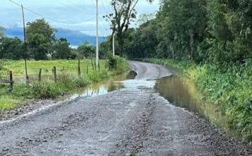 RS-453: Trecho não pavimentado leva economia do RS para SC Trecho de estrada de chão da RS-453 alagado e com buracos em um dia nublado. O solo da pista de terra e cascalho está coberto por poças de água e lama que se acumulam nas laterais. A estrada é ladeada por cercas de arame, vegetação densa e árvores ao fundo.