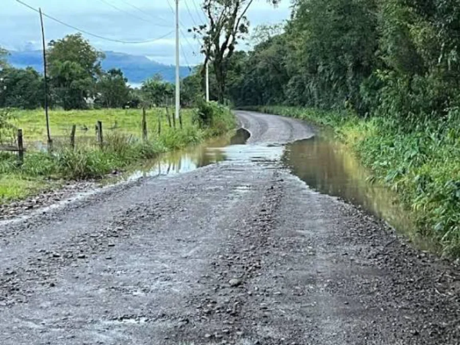 RS-453 Trecho não pavimentado leva economia do RS para SC Trecho de estrada de chão da RS-453 alagado e com buracos em um dia nublado. O solo da pista de terra e cascalho está coberto por poças de água e lama que se acumulam nas laterais. A estrada é ladeada por cercas de arame, vegetação densa e árvores ao fundo.