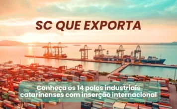 SC tem 14 polos industriais com inserção global, diz FIESC Fotografia aérea de um terminal portuário catarinense ao entardecer, com centenas de contêineres coloridos empilhados e grandes guindastes de carga. Um navio cargueiro está atracado no píer. Sobre a imagem, o texto "SC QUE EXPORTA" destaca os 14 polos industriais com inserção global do estado.