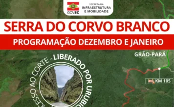 Serra do Corvo Branco segue interditada para Grão-Pará Infográfico da Secretaria de Infraestrutura de SC sobre a Serra do Corvo Branco. Um mapa de satélite mostra a estrada sinuosa destacada em vermelho (acesso proibido entre o KM 102,5 e o KM 105 em direção a Grão-Pará) e em verde (acesso liberado de Urubici até o corte). Um círculo central exibe a foto do famoso corte em rocha com a mensagem "Acesso ao corte liberado por Urubici".