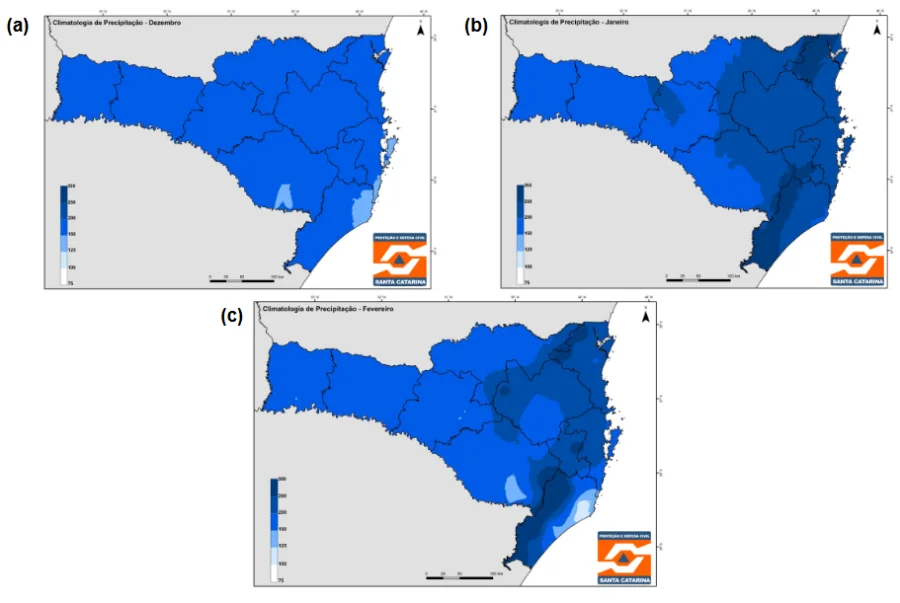 Verão em SC terá calor intenso e chuvas irregulares Mapas meteorológicos da Defesa Civil de Santa Catarina detalhando a previsão de chuvas irregulares para os meses de dezembro, janeiro e fevereiro, com destaque para o aumento da umidade no litoral em janeiro.