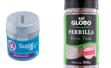 Anvisa proíbe venda de pó Sugar Art e sal da marca Globo Montagem com fotos dos dois produtos alvos de restrição da Anvisa: à esquerda, um frasco pequeno de pó para decoração prateado da marca Sugar Art; à direita, uma embalagem plástica de 500g de Sal Grosso com Ervas Finas da marca Sal Globo. Ambos os produtos aparecem em fundo branco, simulando catálogos de vendas.
