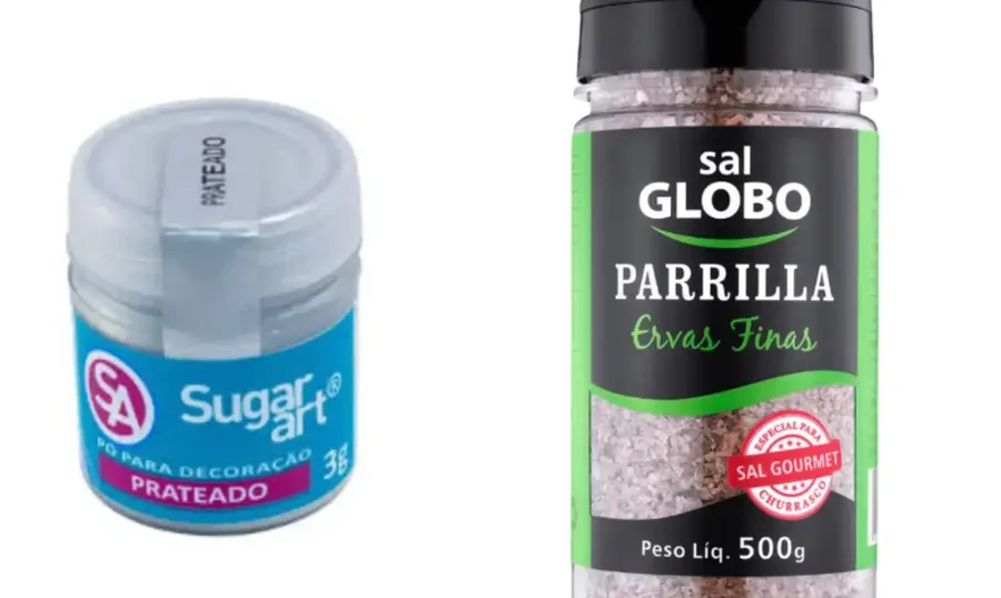 Montagem com fotos dos dois produtos alvos de restrição da Anvisa: à esquerda, um frasco pequeno de pó para decoração prateado da marca Sugar Art; à direita, uma embalagem plástica de 500g de Sal Grosso com Ervas Finas da marca Sal Globo. Ambos os produtos aparecem em fundo branco, simulando catálogos de vendas.