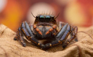 Araranguá alerta para aumento de animais peçonhentos no calor Fotografia macro em close-up frontal de uma pequena aranha saltadora (Salticidae) sobre uma folha seca marrom. O animal possui corpo peludo em tons de cobre e preto, destacando-se dois grandes olhos frontais negros e brilhantes que refletem a luz. A imagem ilustra o alerta sobre o aumento de animais peçonhentos no calor.