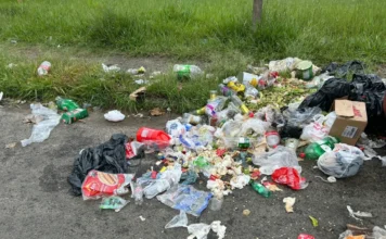 Araranguá alerta setor de alimentos sobre coleta de lixo Resíduos sólidos, como garrafas, embalagens plásticas e restos de alimentos, espalhados pelo chão e gramado próximo à calçada, ilustrando o acúmulo indevido e o descarte incorreto de lixo nas vias públicas.