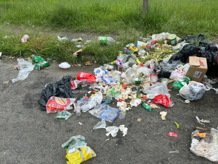 Araranguá alerta setor de alimentos sobre coleta de lixo Resíduos sólidos, como garrafas, embalagens plásticas e restos de alimentos, espalhados pelo chão e gramado próximo à calçada, ilustrando o acúmulo indevido e o descarte incorreto de lixo nas vias públicas.