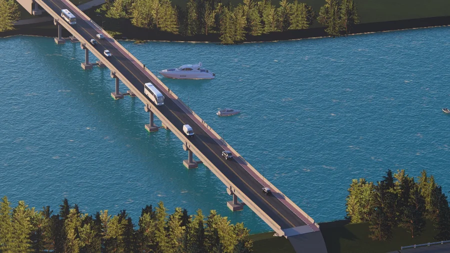 Renderização do projeto da 4ª ponte de concreto sobre o Rio Araranguá, com tráfego de veículos e pedestres.