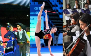BRDE investe R$ 3 milhões em projetos sociais em SC "Montagem com três cenas representando projetos socioculturais e esportivos: à esquerda, um casal em apresentação de dança folclórica; ao centro, uma atleta de ginástica rítmica em performance; e à direita, jovens músicos tocando instrumentos de corda em uma orquestra."