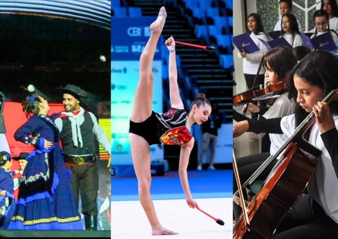 BRDE investe R$ 3 milhões em projetos sociais em SC "Montagem com três cenas representando projetos socioculturais e esportivos: à esquerda, um casal em apresentação de dança folclórica; ao centro, uma atleta de ginástica rítmica em performance; e à direita, jovens músicos tocando instrumentos de corda em uma orquestra."