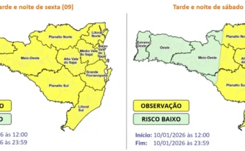 Ciclone traz temporais e risco de alagamento para SC Dois mapas meteorológicos da Defesa Civil de Santa Catarina mostram o risco de temporais. No mapa de sexta-feira (09), todo o estado está em nível de "Observação" (cor amarela). No mapa de sábado (10), as regiões do Extremo Oeste e Oeste aparecem em "Risco Baixo" (cor verde), enquanto as demais áreas, do Meio-Oeste ao Litoral, permanecem em "Observação" (cor amarela).