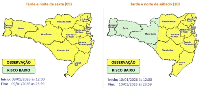 Ciclone traz temporais e risco de alagamento para SC Dois mapas meteorológicos da Defesa Civil de Santa Catarina mostram o risco de temporais. No mapa de sexta-feira (09), todo o estado está em nível de "Observação" (cor amarela). No mapa de sábado (10), as regiões do Extremo Oeste e Oeste aparecem em "Risco Baixo" (cor verde), enquanto as demais áreas, do Meio-Oeste ao Litoral, permanecem em "Observação" (cor amarela).