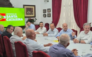 Crise do arroz: produtores cobram apoio de Jorginho Mello Governador Jorginho Mello reunido em mesa de conferência com representantes do SindArroz-SC e da Câmara Setorial do Arroz para discutir medidas de apoio contra a crise no setor produtivo, com o logo do Governo de Santa Catarina exibido em tela ao fundo."
