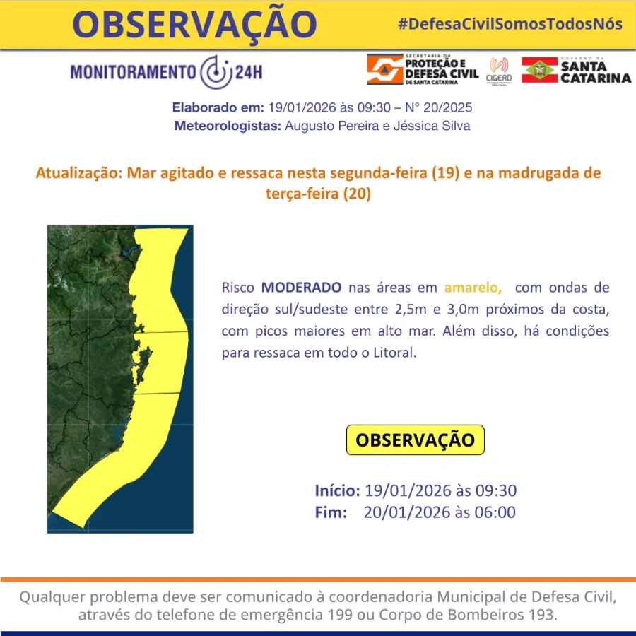 Boletim gráfico da Defesa Civil de Santa Catarina exibe mapa do litoral em amarelo, indicando risco moderado para mar agitado e ressaca, com ondas de sul/sudeste entre 2,5 e 3,0 metros, válido para esta segunda-feira (19) e madrugada de terça (20).