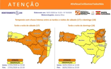 Fim de semana tem alerta de temporais em Santa Catarina Mapas de alerta da Defesa Civil de Santa Catarina indicando as áreas com risco alto (laranja) e moderado (amarelo) para temporais e chuva intensa no estado durante as tardes e noites de sábado (17) e domingo (18) de janeiro de 2026.